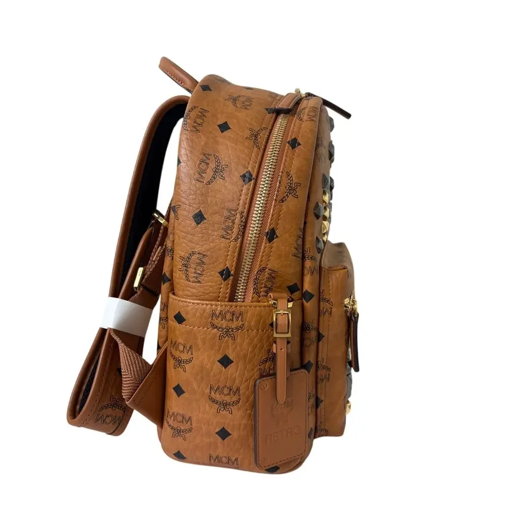 MCM Cognac Visetos Studded Mini Backpack with Gold & Gunmetal Accents